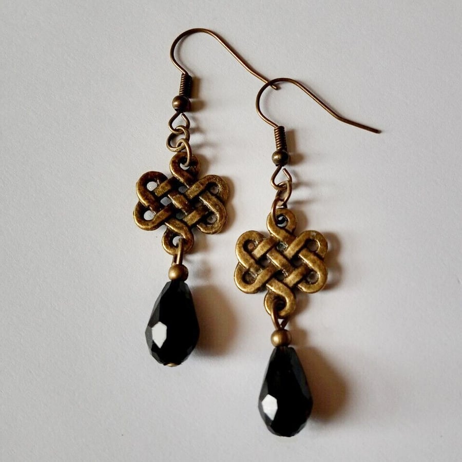 Bronze Black Crystal Celtic Teardrop Dangle Earrings
