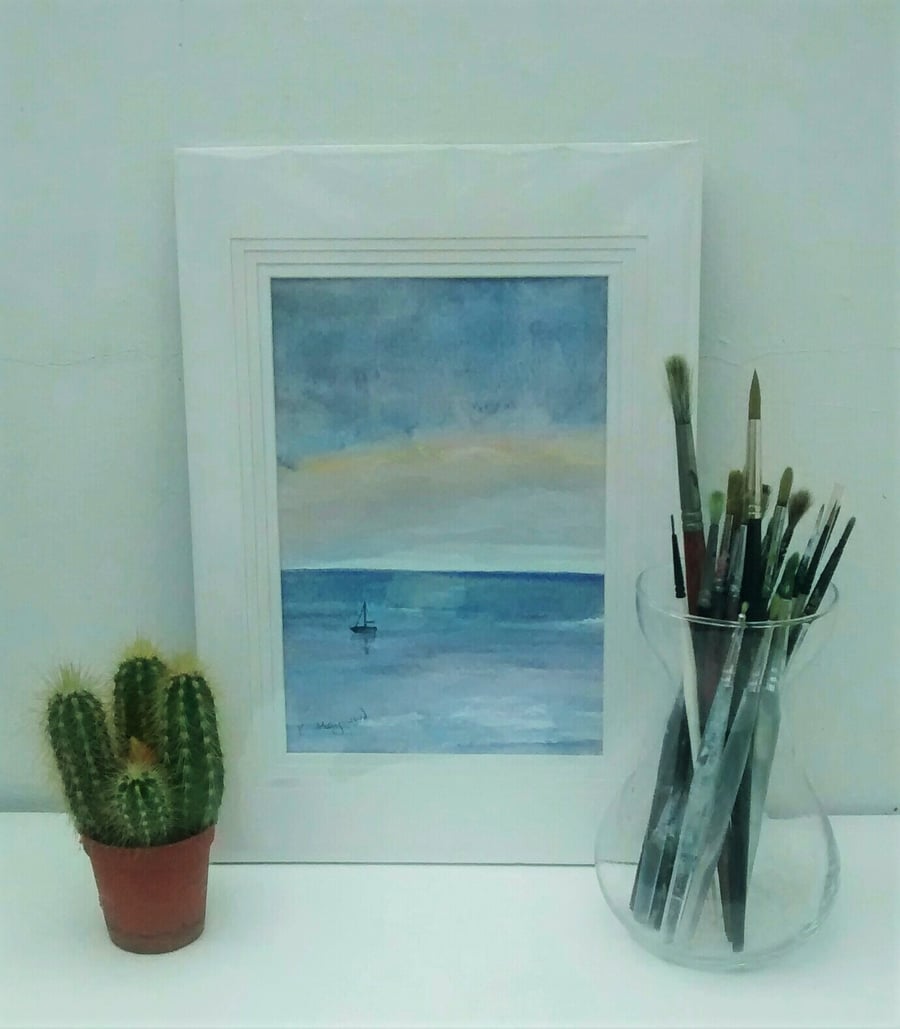 Original Watercolour Seascape Painting, Lone Yacht at Sunset