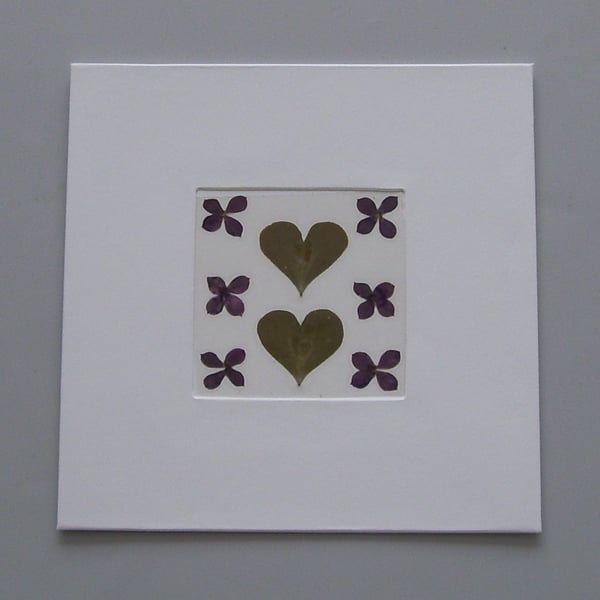 “Hearts and Flowers” greetings card made with real pressed flowers and leaves
