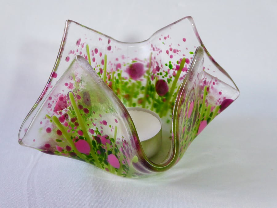 Pink Floral Fused Glass Tealight Holder