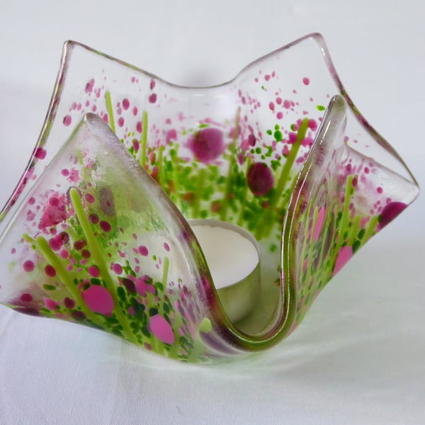 Pink Floral Fused Glass Tealight Holder