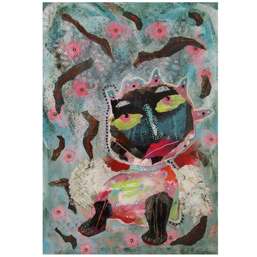 Outsider Art Painting Weird Cat Figurative Ready Mounted Surreal Animal Creature