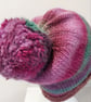 Handknit Bobble Hat 100% wool Pink Green Purple MED - Image 2