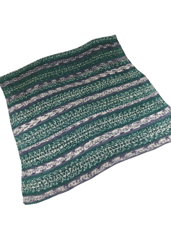 Hand Knitted Baby Blanket Green Grey Cream Fair Isle Pram Blanket Neutral Gift