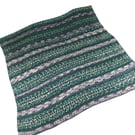 Hand Knitted Baby Blanket Green Grey Cream Fair Isle Pram Blanket Neutral Gift