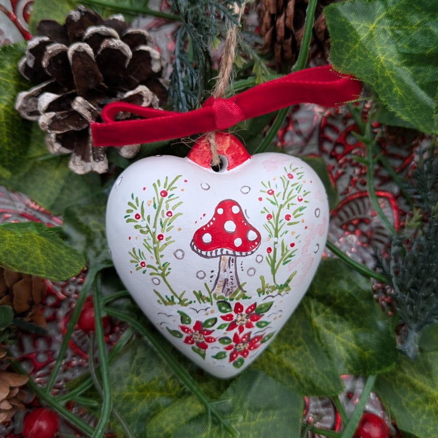 Toadstool ceramic heart Christmas bauble