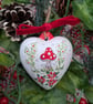 Toadstool ceramic heart Christmas bauble