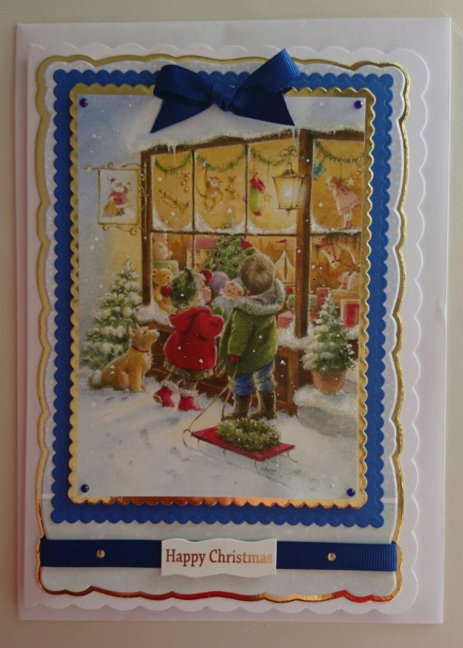 Christmas Card Toyshop Window Children with Sled & Puppy Dog 3D Luxury Handmade