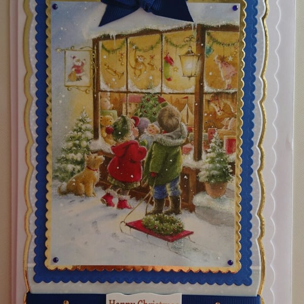 Christmas Card Toyshop Window Children with Sled & Puppy Dog 3D Luxury Handmade