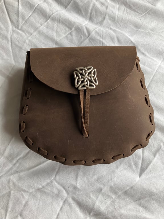 Pouch: Brown coloured Leather Medieval Style W Celtic Closure - FREE SHIPPING