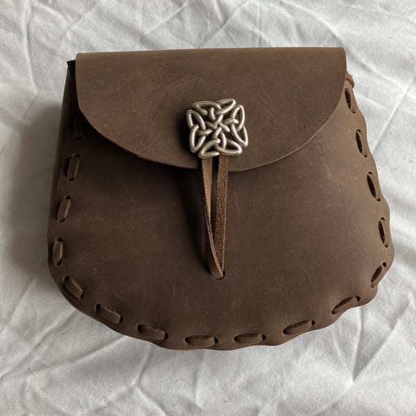 Pouch: Brown coloured Leather Medieval Style W Celtic Closure - FREE SHIPPING
