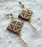 Pink & Olive Green Tile Pearl Drop Earrings - Image 2