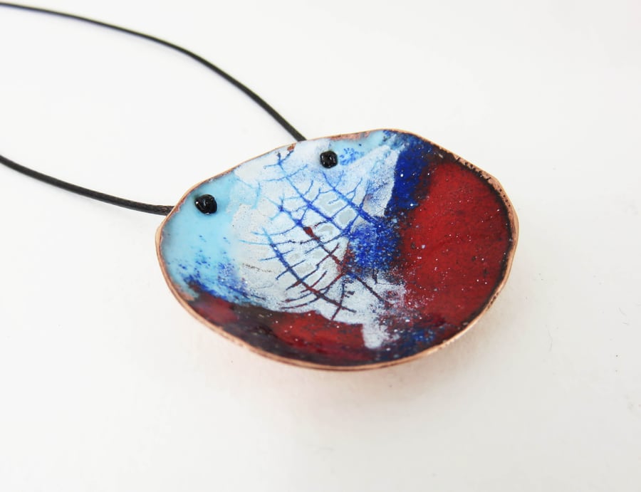 Oval domed hand drawn trees pendant in copper and enamel