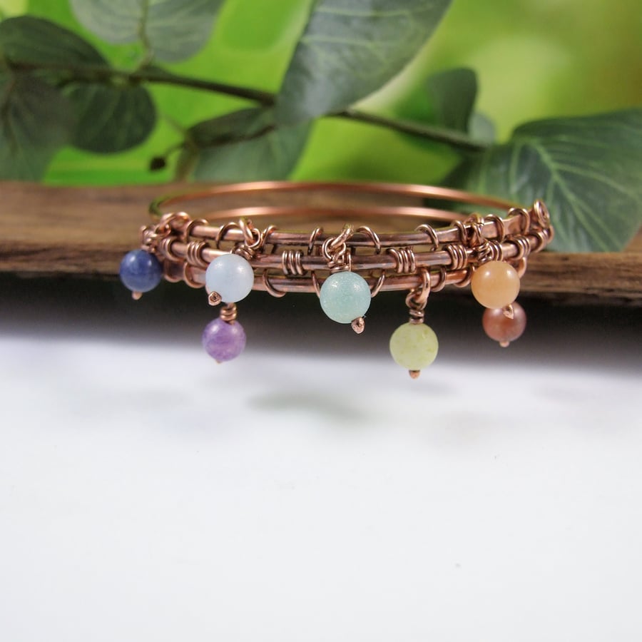 Bangle, Copper with Pastel Rainbow Gemstones Wire Wrapped BoHo Bracelet