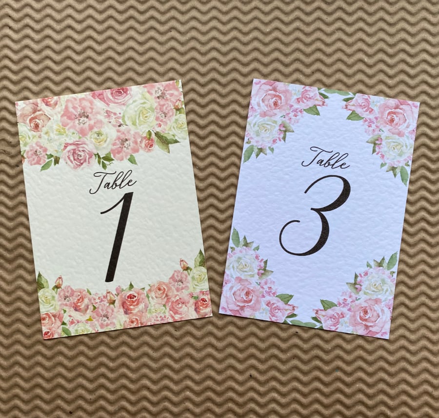 Blush pink and white roses TABLE NUMBERS wedding foliage A6 card