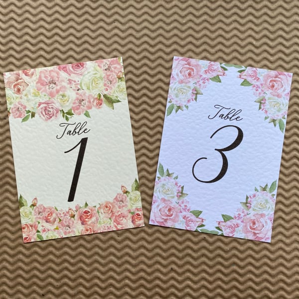 Blush pink and white roses TABLE NUMBERS wedding foliage A6 card