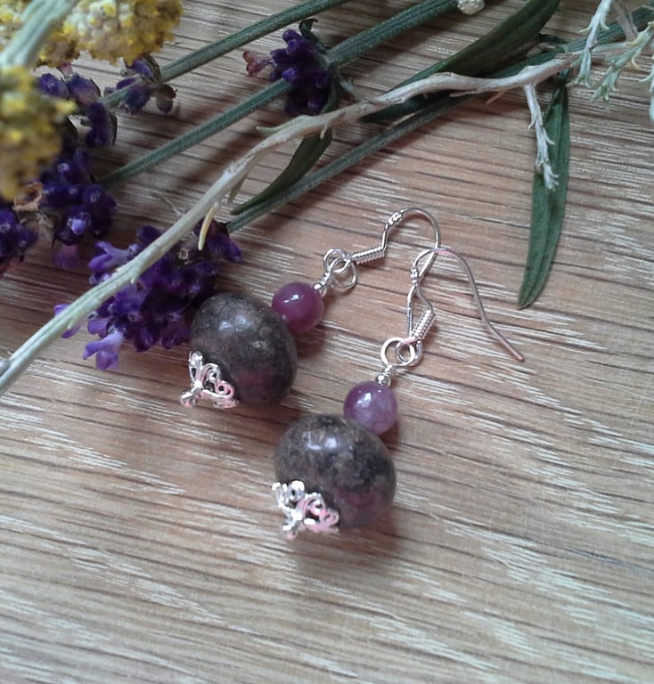 Designer Charoite Gemstone Sterling Silver Earrings 