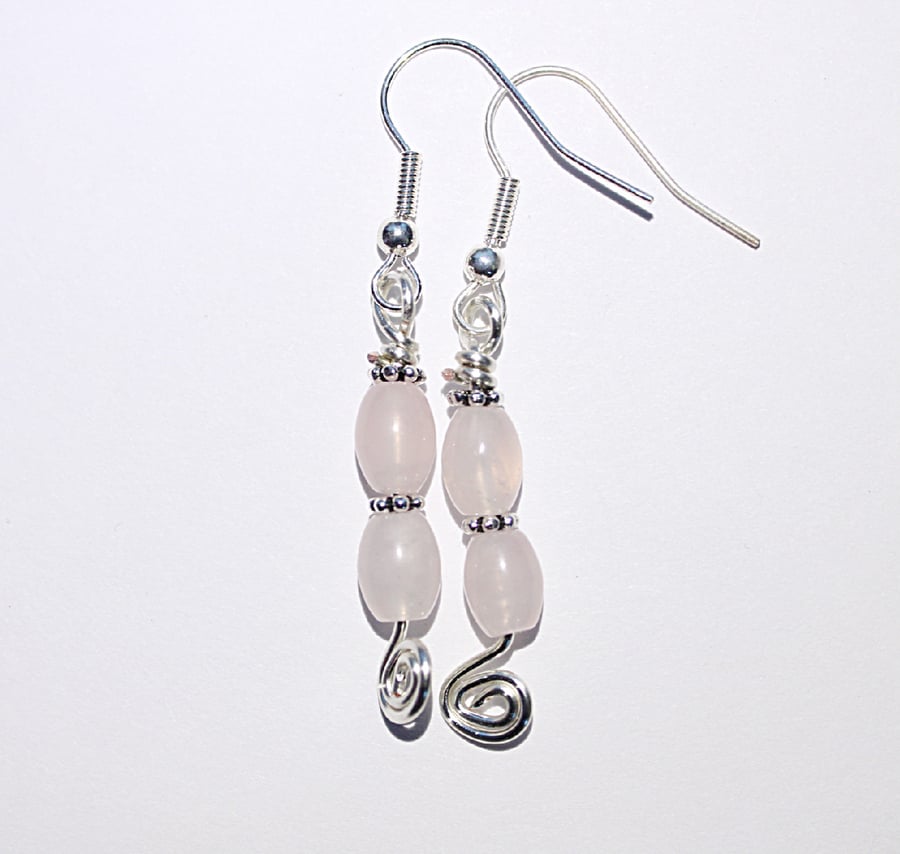 Rose quartz and silver dangle earrings, Pastel pink and silver spirals earrings