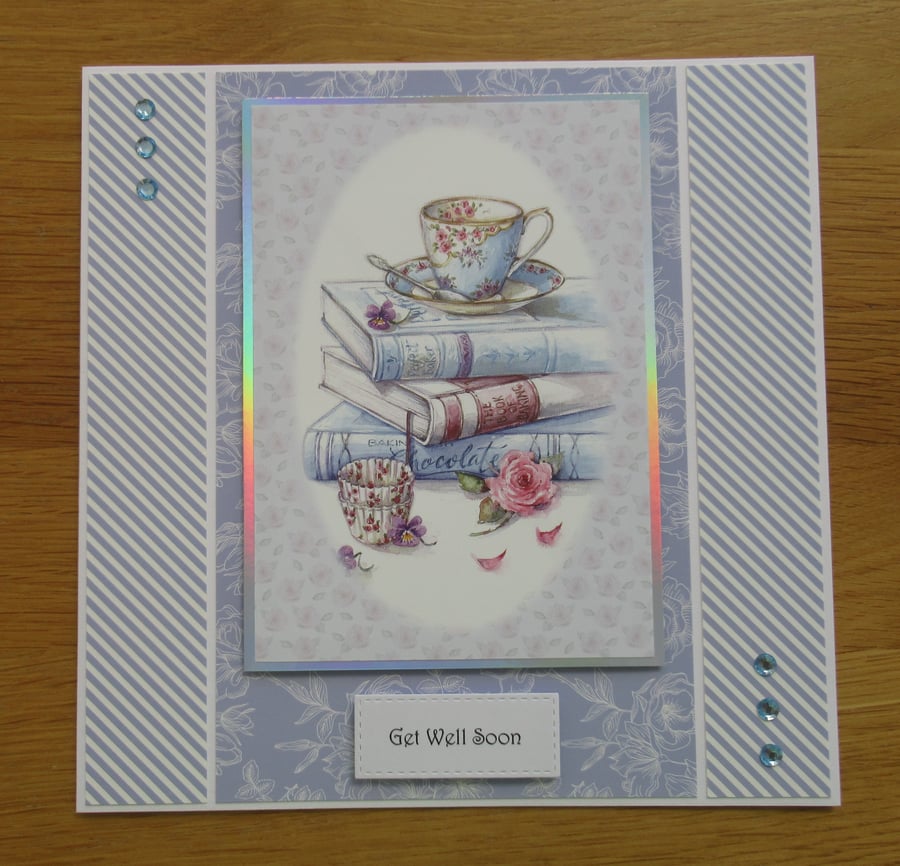 Books & Tea Cup - Large Get Well Soon Card (19x19cm)