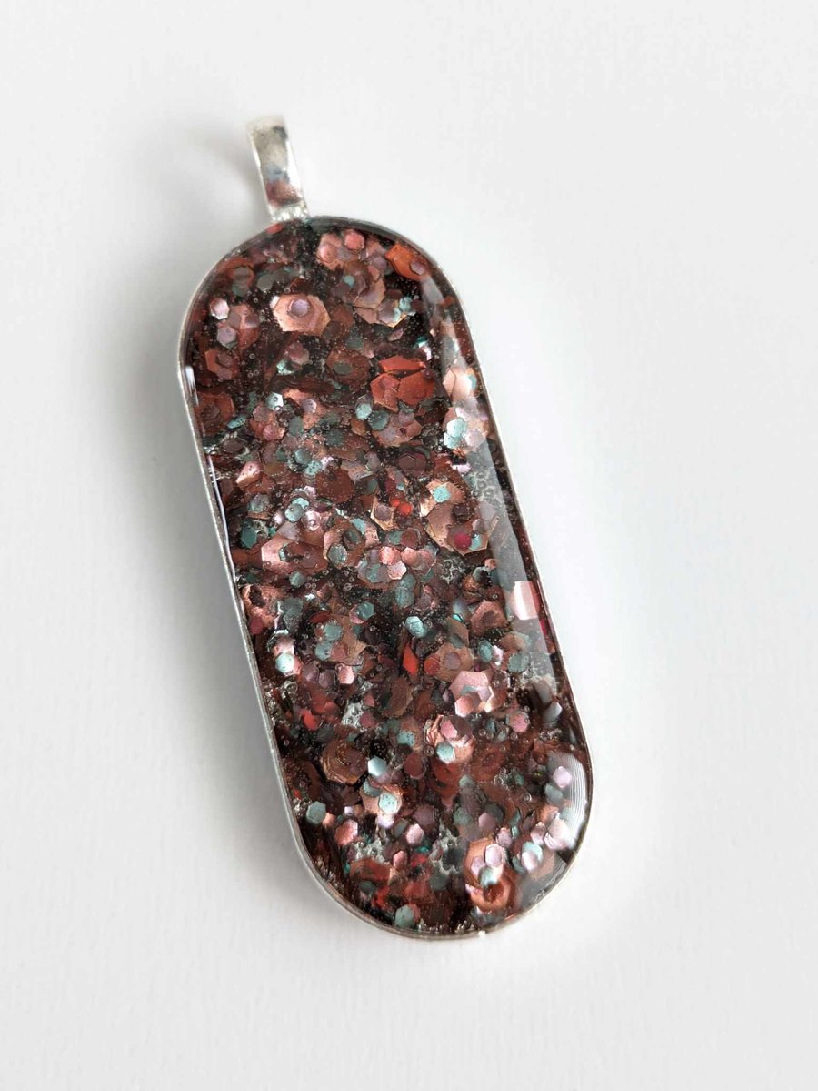 Long Oval Pendant With Coral & Aqua Glitter