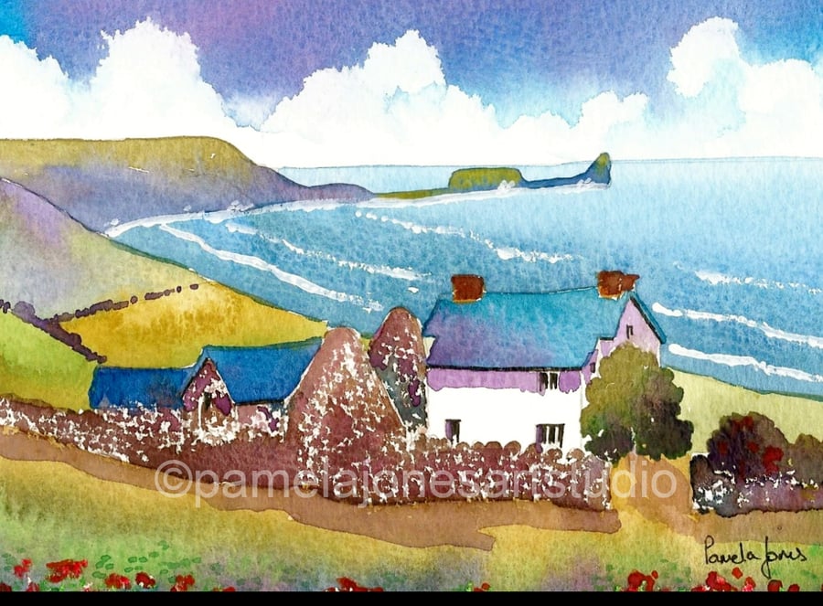 The Old Rectory, Rhossili Bay, Gower, Watercolour Print in 8 x 6 '' Mount