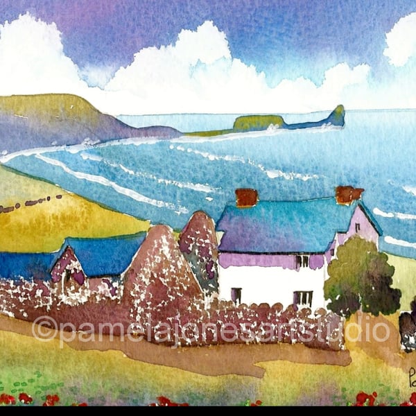 The Old Rectory, Rhossili Bay, Gower, Watercolour Print in 8 x 6 '' Mount