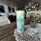20cm Ivory Pillar candle, blue joy