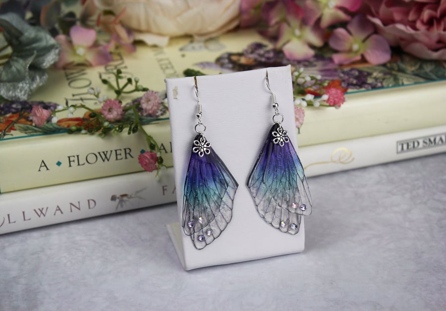 Beautiful Midnight Water Purple Blue Fairy Wing Earrings - Butterfly Cicada Boho