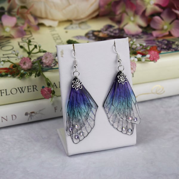 Beautiful Midnight Water Purple Blue Fairy Wing Earrings - Butterfly Cicada Boho