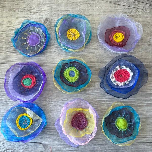 Nine Organza Embroidered Flower Embellishments Free Postage 