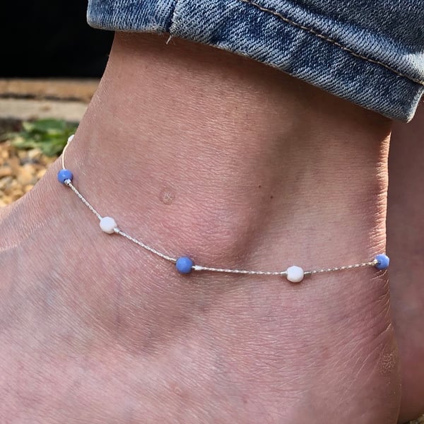 Blue & White Czech Glass Sterling Silver Anklet