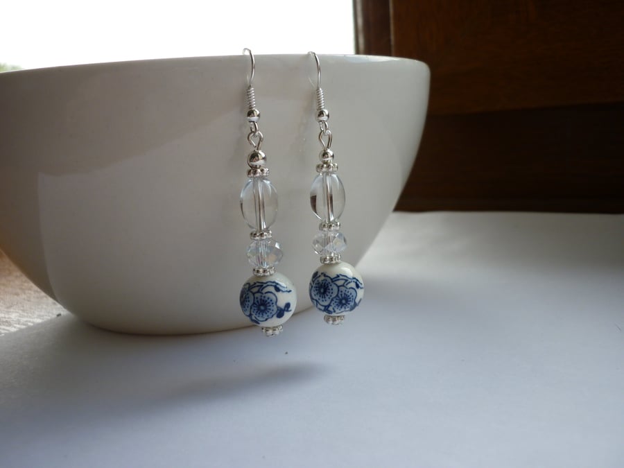 BLUE, WHITE, CRYSTAL AND SILVER - PORCELAIN BEAD DANGLE EARRINGS.