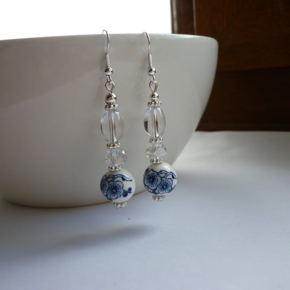 BLUE, WHITE, CRYSTAL AND SILVER - PORCELAIN BEAD DANGLE EARRINGS.