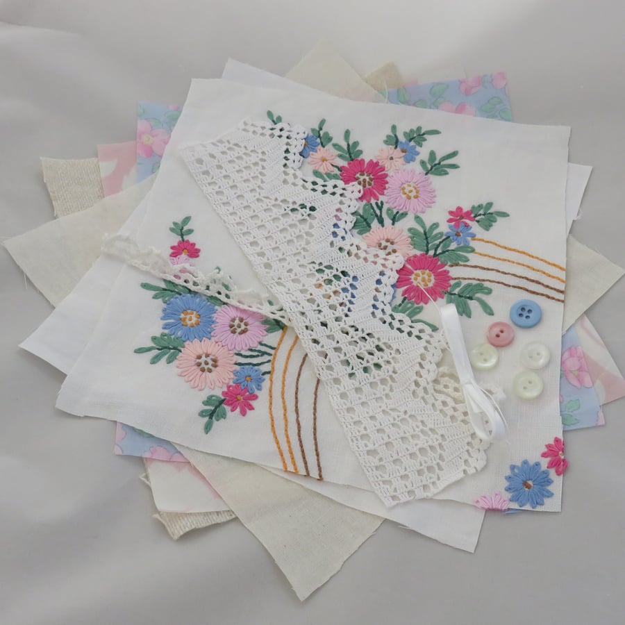 Inspiration pack including embroidered vintage linens