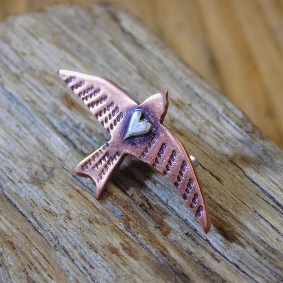 Copper and silver love heart swift brooch