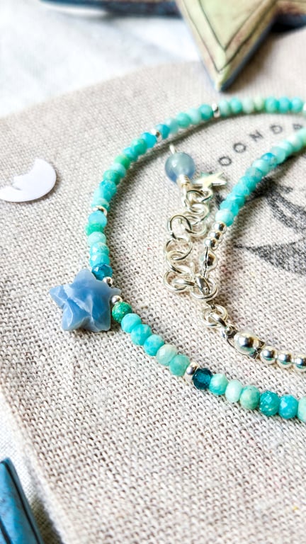 Amazonite Gemstone Necklace - Celestial Blue Opal Star Charm Gemstone Choker