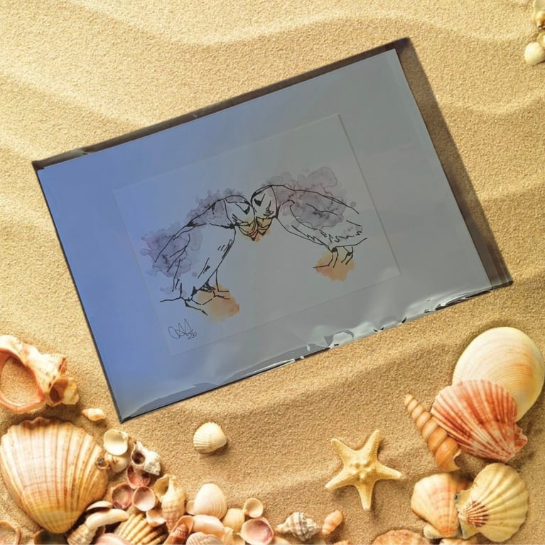 Coastal Wall Art – Seaside Ink & Watercolour Animal Illustrations, Puffin