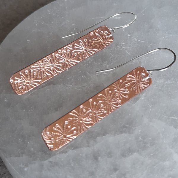Copper and Sterling Silver Earrings With Stamped Dandelion Detail