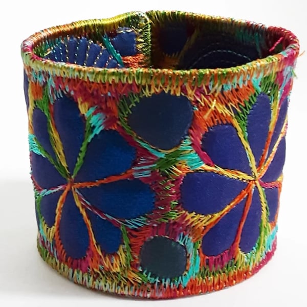 Textile - Cuff - Fabric Bracelet with Free Machine Embroidery 