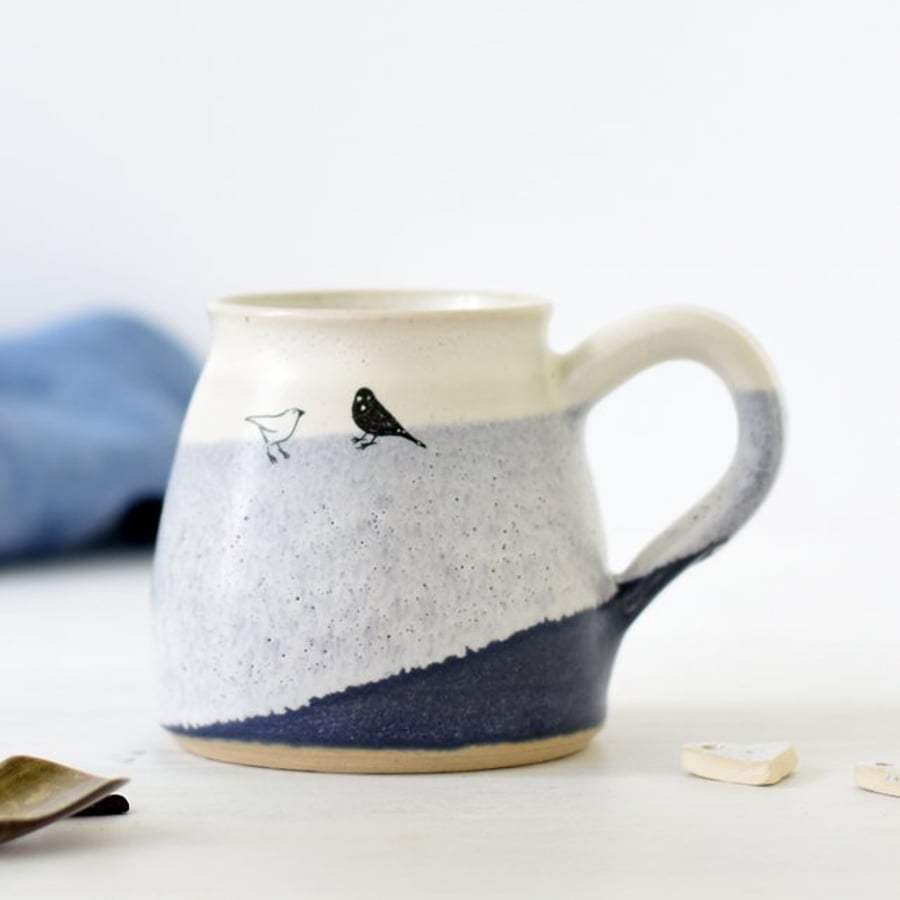 Handmade blue and white ceramic mug with birds - blue and white pottery