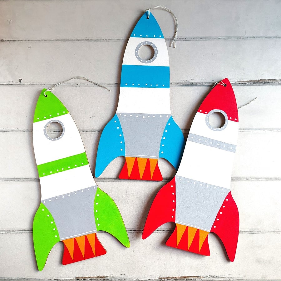 Rocket wooden wall hanging decoration in green blue or red for childs room 