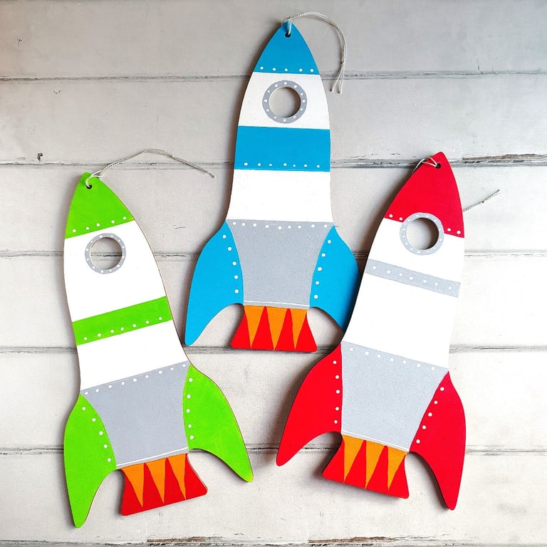 Rocket wooden wall hanging decoration in green blue or red for childs room 