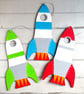 Rocket wooden wall hanging decoration in green blue or red for childs room 