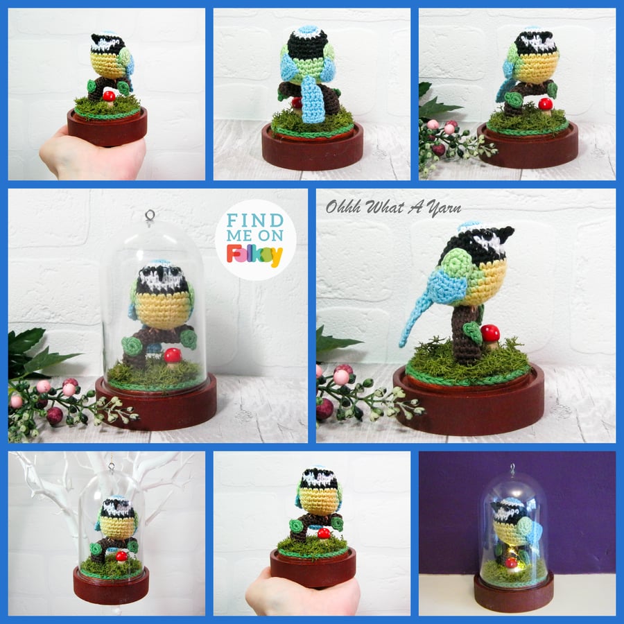 Bluetit crochet hanging decoration in a light up dome.  Crochet ornament.