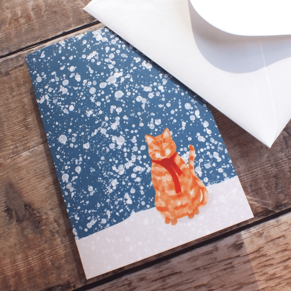 Snowy Ginger Cat Christmas Card