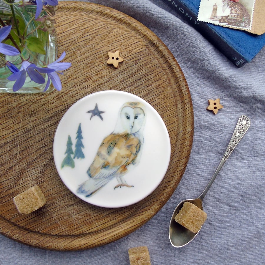 Barn owl fine bone china round ceramic coaster 