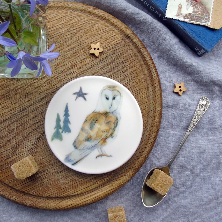 Barn owl fine bone china round ceramic coaster 