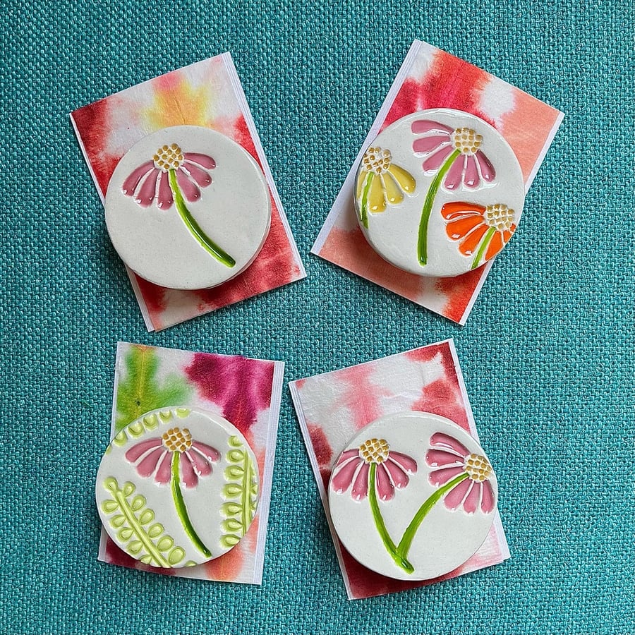 Handmade Ceramic Echinacea brooch, Hand Made Pottery Badge