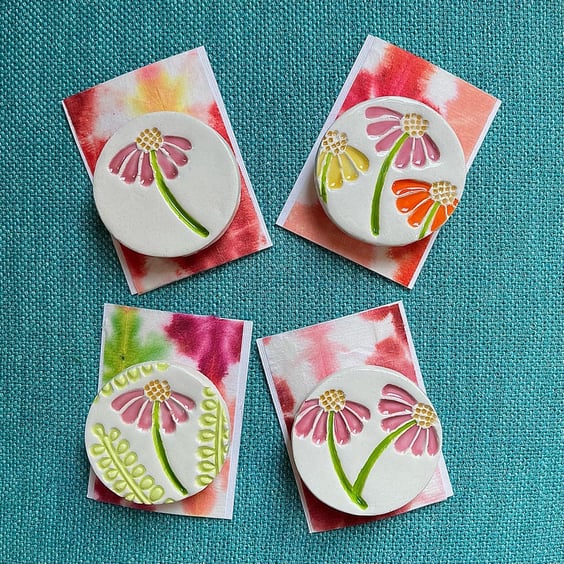Handmade Ceramic Echinacea brooch, Hand Made Pottery Badge