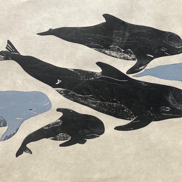 Pilot Whales - Collagraph Print 